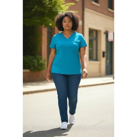 Figs Tops - FIGS Teal Scrub Top 3XL Technical Collection V-Neck Pocket